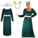 Mepase 3 Pcs Halloween Green Princess Costume for Women Green Dress Ogre Ears Headband and Crown for Monsters Princess Cosplay Halloween Party Dress up Accessories L
