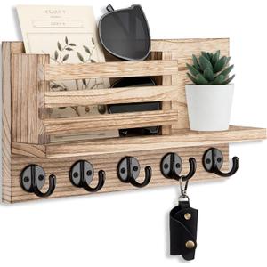 Key Holder for Wall  Decorative Wooden Mail Holder and Key Shelf with Mounting Hardware, Installation Guide  Paulownia Wood with 5 Metal Key Hooks (11.8 x 6.7 x 2.8)