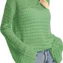 QUALFORT Women's Crochet Sweater, Hollow-Out Knit Long Sleeve Pullover (L)