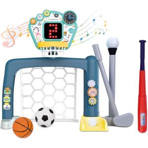4 in 1 Adjustable Basketball Hoop Soccer Goal for Toddlers 1-3,Kids Sports Toys with Golf Baseball Toy,LED Scoreboard, Music & Educational Games, Indoor & Outdoor Baby Activity Center Age 18+M Boy Girl
