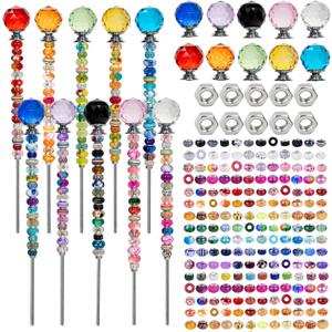 230 Pcs Beaded Garden Stakes Kit DIY Fairy Wands for Garden with 10 Colorful Crystal Stopper Top 200 Assortment Round Large Hole Bead for Outdoor Decor (10, Colorful Spherical)