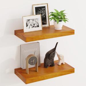 Fun Memories Wood Floating Shelves Set of 2, Rustic Pine Wood Floating Shelves for Wall Mounting, Wide Wall Shelf for Home Decor and Storage, 16" W x 7" D, Honey Oak