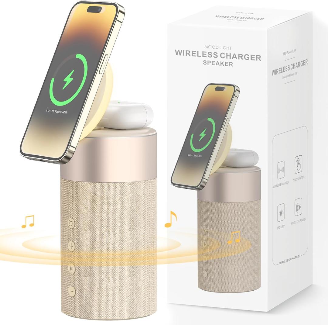 COLSUR Bluetooth Speaker, Magnetic Wireless Charger, Bluetooth Speakers with Night Light, 2 in 1 Wireless Charging Station for iPhone 17/16/15/14/13/12 Series, AirPods Pro 2/4/3/2 (Gift Ideal) (Yellow)
