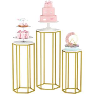 Urban Deco Cylinder Stands for Party, Set of 3 Gold Hexagon Pedestal Stands, L-35.4"H x 14.2"W, M-27.6"H x 12.6"W, S-23.6"H x 11"W