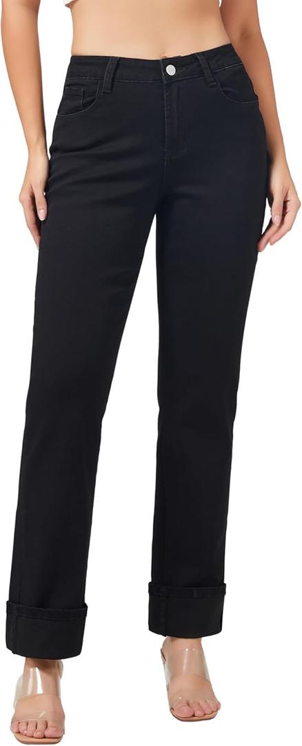 roswear Womens Straight Leg Jeans High Waisted Boyfriend Stretchy Cuffed Denim Pants (Large, Black)