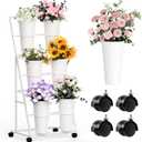 Invech Flower Display Stand with 6 Buckets and Wheels, 3 Tier White Flower Cart Display Stand for Indoor Outdoor Garden, Wedding, Flower Shop (Existing Patent)