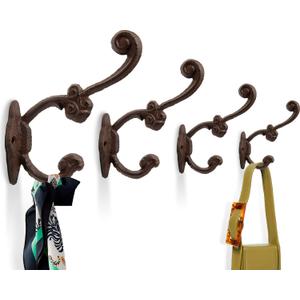 Rustic Brown Cast Iron Hooks Decorative Shabby Chic Wall Mounted Hook Set of 4 for Coats, Bags, Towels & More Vintage Farmhouse Decor