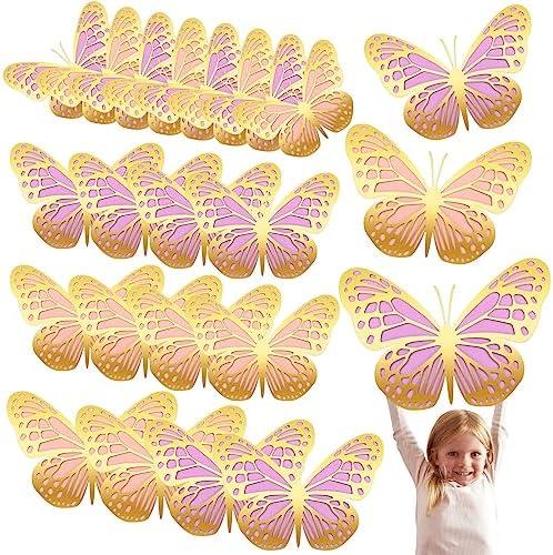 Geosar 20 Pcs 3D Large Butterfly Party Decoration 2 Layer Giant Paper Butterfly Stickers for Birthday Baby Shower Nursery Wall Decor (Gold Pink,Gold Purple)