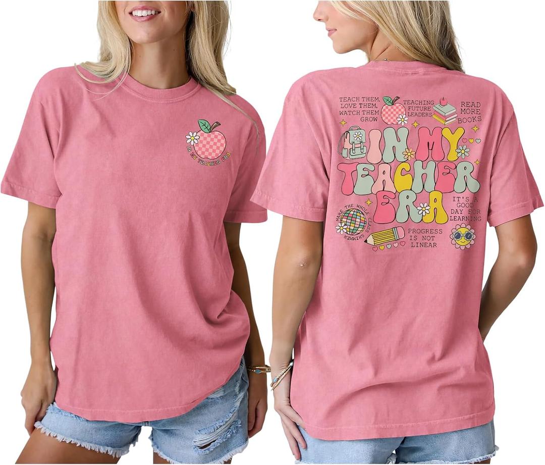Teacher Shirt for Women in My Teacher Era T-Shirt Funny Teaching Life Tee Back to School Appreciation Gift Tops (Pink, S)
