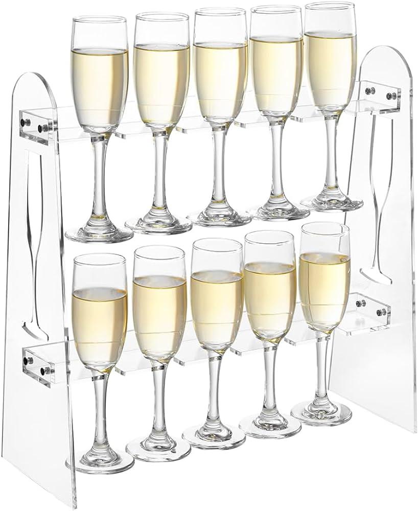 Vessena 2 Tier Acrylic Champagne Wall Holder for Party Champagne Flute Glass Stand Tabletop Stemware Hanging Display Rack Glass Rack Standing Drink Tower Shelf (Clear & Holographic, 10 Slots)