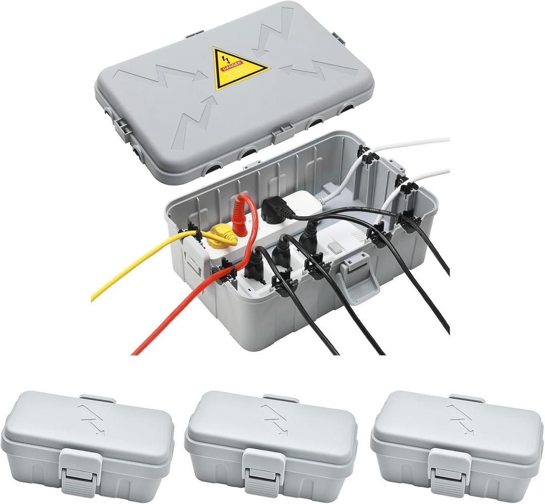 Hrensaw IP54 Large Outdoor Electrical Box w/ 8 Cable Seal Entry, Bundle w/ 3 Small Weatherproof Extension Cord Safety Box, Protect Power Strip, Timer Outlet Plug, Holiday Lights Decoration, Grey