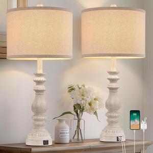 28.5" Tall Farmhouse Table Lamps Set of 2 for Living Room Rustic Bedside Lamps with USB C+A Traditional Lamp for Bedroom Nightstand Office Hallway, Washed White, Rotary Switch, Bulb not included