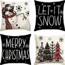 AVOIN colorlife Merry Christmas Snowman Let It Snow Black Throw Pillow Covers, 20 x 20 Inch Xmas Tree Winter Holiday Cushion Case Decoration for Sofa Couch Set of 4