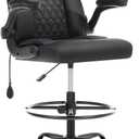 Leather Drafting Chair, Tall Office Chair for Standing Desk, High Executive Office Chair with Inflatable Lumbar Support,Adjustable Height,Flip-up Armres and Foot Ring Studio Chair Black, 23.6 inches x 23.6 inches x 40 inches