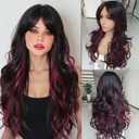 Red Highlight Wig Long Black Mixd Burgundy Highlights Layered Wavy Wig with Curtain Bangs for White Black Women Long Ombre Red Wavy Wigs Synthetic Natural Body Wave Butterfly Hair for Women 24INCH