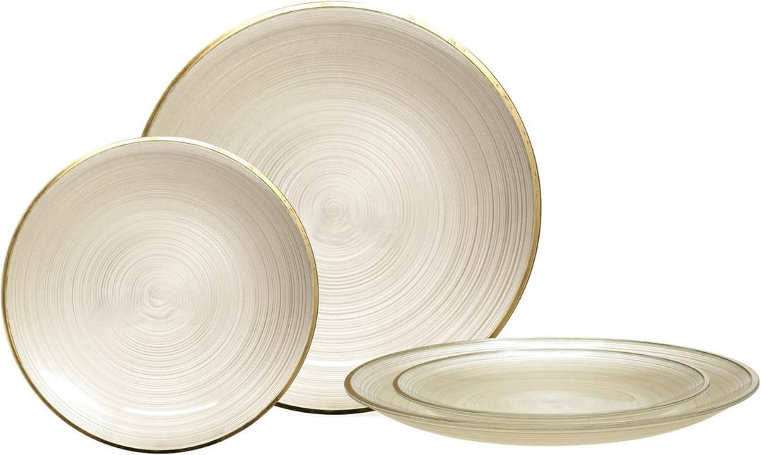OCCASIONS 120 Ivory Gold Plastic Plates for 60 Guests - Heavy Duty Fancy Wedding Party Disposable Dinnerware Set 60 x 10'' Dinner + 60 x 7'' Salad/Dessert BPA Free China Like (Belize in Ivory & Gold), 120 Piece