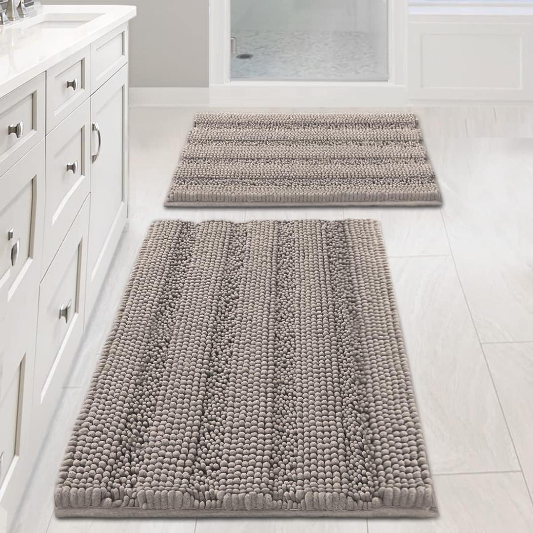 Non Slip Thick Shaggy Chenille Bathroom Rug Mat Set Extra Soft and Absorbent Striped Floor Rugs, 2 Piece, Machine-Washable (Taupe)
