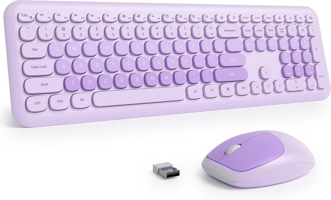 Fogruaden Quiet Purple Wireless Keyboard and Mouse, 2.4GHz Retro Cute Typewriter-Style Full-Size Colorful Keyboard and Mouse Combo, Slim Design, Low-Noise Typing for Home, Office, Windows PC, Laptop