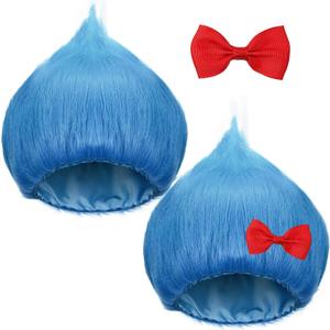 Geyoga Blue Wig with Red Bow Unisex Funny Crazy Hair Wig for World Book Day Costume Cosplay