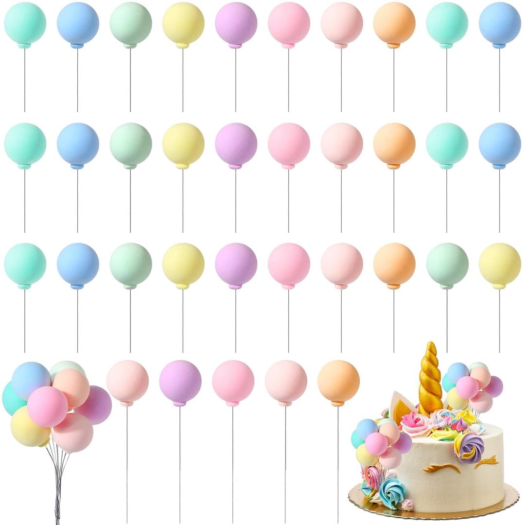 Sieral 40 Pcs Mini Balloon Cake Toppers Colorful Rainbow Cake Topper Round Clay Balls Cupcake Toppers for Birthday Baby Shower Wedding Party Decorations(Pastel Color)