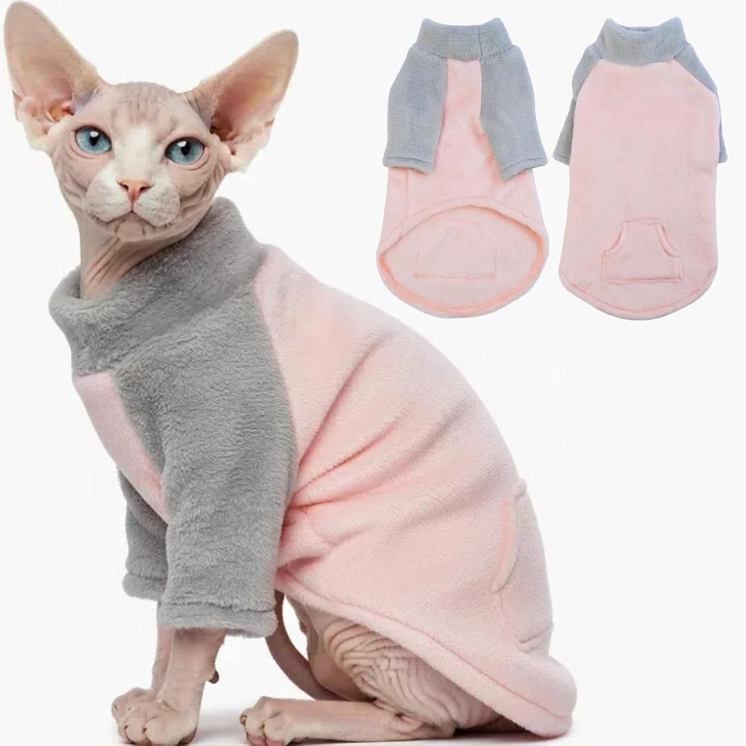 T'CHAQUE Sphynx Cat Clothes, Soft Fleece Winter Sweaters for Hairless Cats, Warm Pajama Jumpsuit with Sleeves and Hoodie, Cozy Pullover Outfit for Kittens (Large, Pink)