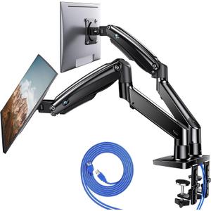 HUANUO Dual Monitor Stand for 13″–40″, Premium Dual Monitor Mount with USB, Height Adjustable Monitor Stand for 2 Monitors, VESA Mount with Clamp/Grommet Base, Holds 26.4lbs per Arm, HNDS7