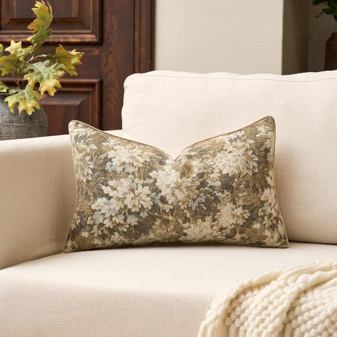 Yangest Neutral Floral Pillow Cover 12 x 20 Inches, Vintage Chenille Rectangle Throw Pillow Cover Soft Decorative Farmhouse Accent Couch Pillow Cover for Living Room Bedroom, Beige