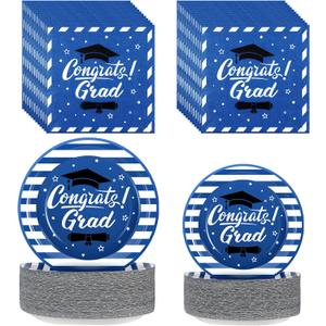 300 Pcs Graduation Party Plates and Napkins Graduation Decorations 2025 Blue Party Supplies Disposable Dessert Paper Plates Napkins for Congrats Grad School Kindergarten Table Decor, Serve 100