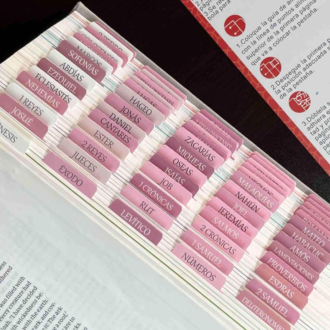 Spanish Laminated Bible Tabs, pestaas para biblia en espaol, Reposition Large Print Stickers, Easy to Read and Apply Bible Tabs for Women and Man (Spanish Pink)