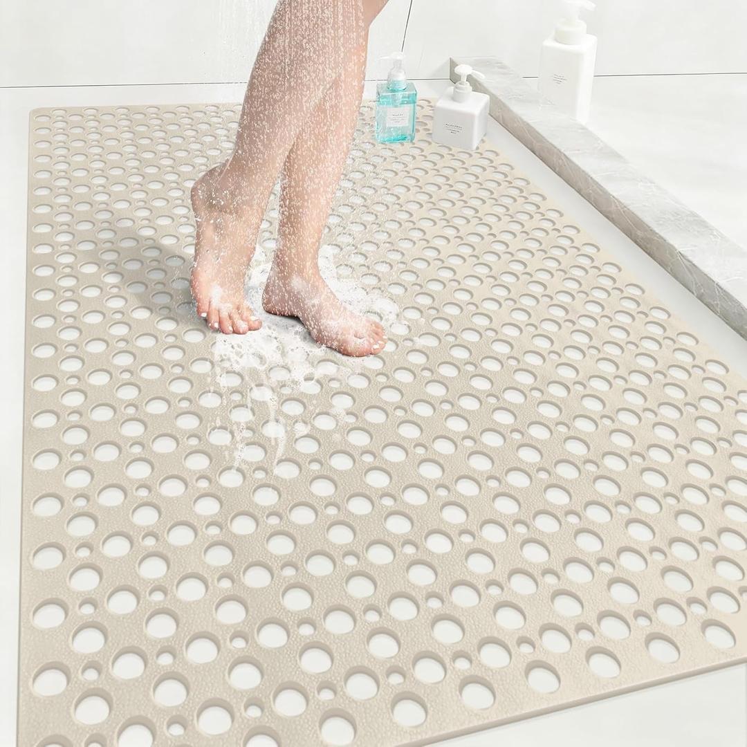 Anti Slip Shower Mat with Suction Cups,31.5x47.2 Inch Quick Drain TPE Non Slip Shower Mats for Inside Shower,Large Bath Mat for Shower Soft on Feet, Easy to Dry&Cut Machine Washable (Khaki)