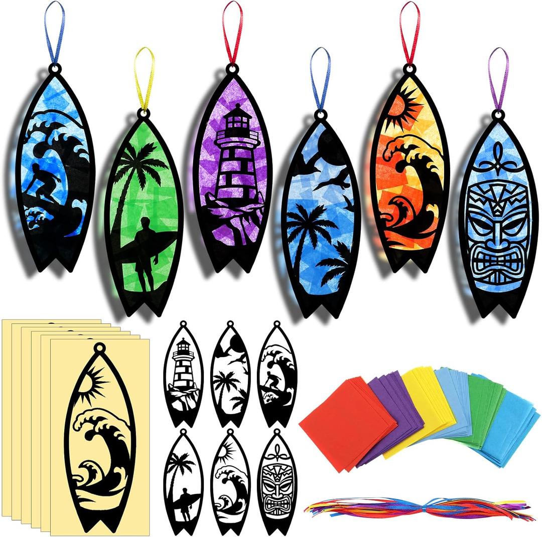 AmazingSpark 30 Pcs Beach Surfboard Suncatchers Paper Craft Set Sea Ocean Beach Surfboard DIY Stained Glass Effect Tissue Paper Kits Gift Bulk for Summer Activities Art Party Decor