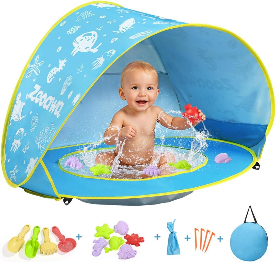 Zooawa Baby Beach Tent, Pop Up Beach Tent Sun Shade for Beach, Portable Shade Pool UV Protection Sun Shelter for Infant with Beach Sand Toys Set (Patterned Blue)