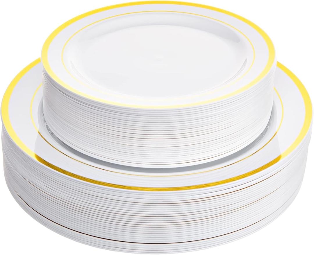 Aya's Cutlery Kingdom 100 White and Gold Plastic Plates for Thanksgiving Dinner - Fancy Plate for Party - 50 (10") Dinner and 50 (7.5") Salad Plates - Heavy Duty, Elegant Disposable Tableware Set