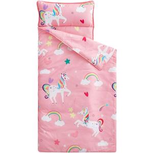 Wake In Cloud - Toddler Nap Mat with Pillow and Blanket, for Kids Girls Ages 3 Plus in Kindergarten Daycare Preschool, Roll Up Sleeping Bag, Unicorns Rainbow Stars (Standard - 50"x20", Pink White)