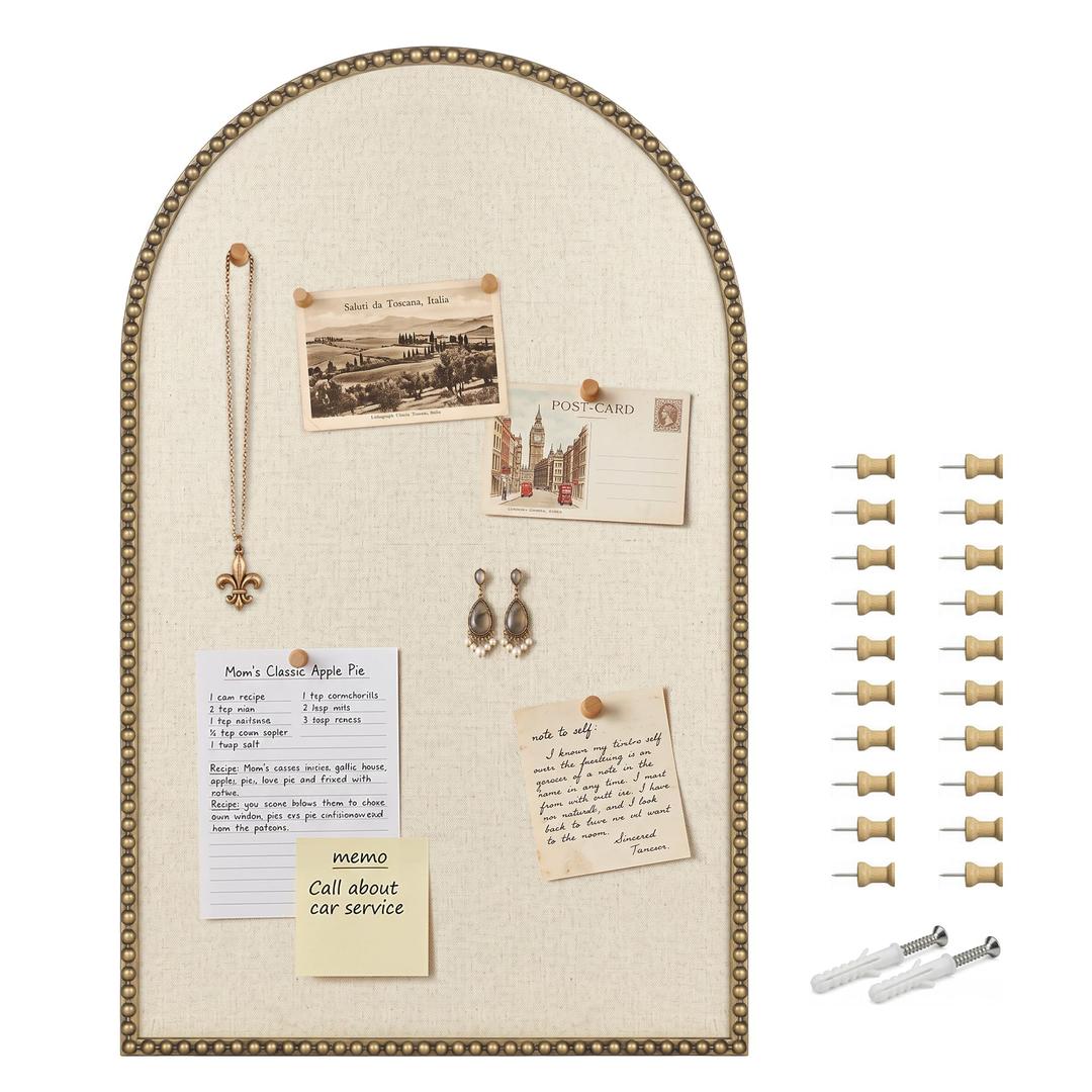 Vintage Gold Bulletin Board, Linen Wall Pin Board 19"x31" Beaded Frame