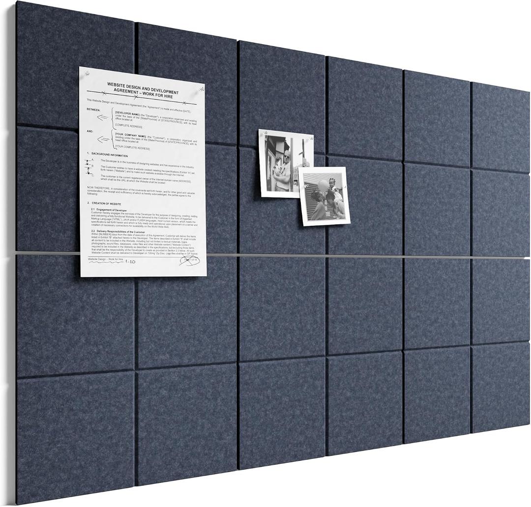 Bumusty Large Felt Bulletin Board, 36" x 24" Cork Board Alternative, 6-Pack Wall Tiles with 4-Compartment Design, 30 Push Pins, 40 Adhesive Tabs, Ideal for Office & Home Decor, Navy Blue