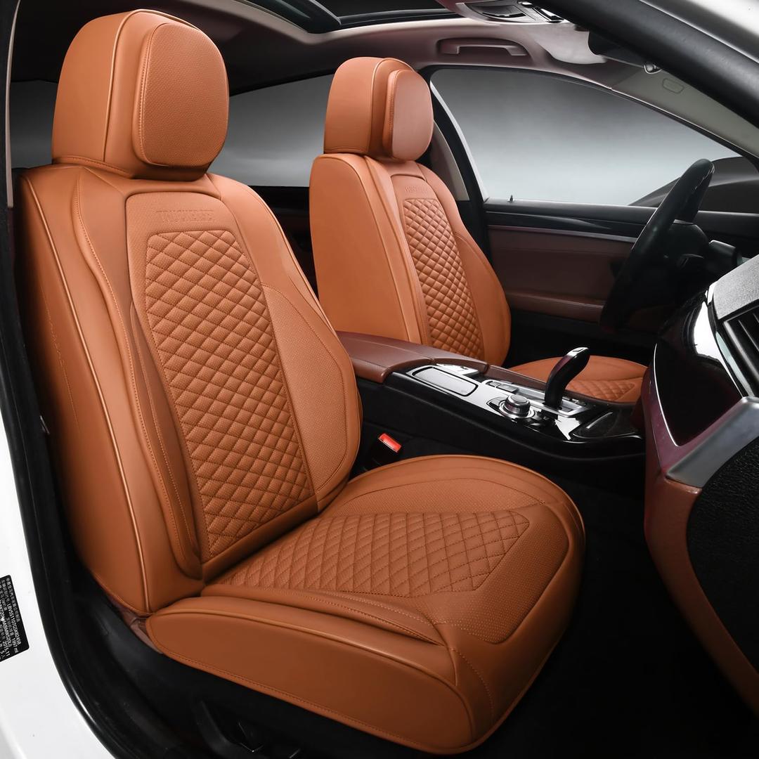 Car Seat Covers Full Set, Leather Seat Covers for Cars, 2 Packs Breathable Seat Cover, Suitable for SUV/Truck/Sedan/Automotive (Brown)