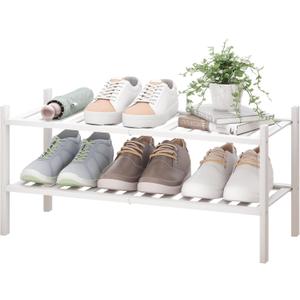 BMOSU 2Tier Bamboo Shoe Rack Premium Stackable Shoe Shelf Storage Organizer for Hallway Closet Living Room Entryway Organizer(White Bamboo)
