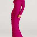 PRETTYGARDEN Women's Fall Off The Shoulder Maxi Dress Spring Long Sleeve Ruched Fitted Bodycon Club Dresses with Slit (Pink)