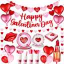 133 Pcs Happy Galentine's Day Decorations Tableware with Heart Banner Heart Lip Lipstick Foil Latex Balloons and Plates, Napkins, and Cups Dinnerware Sets for Galentine's Day Party Supplies