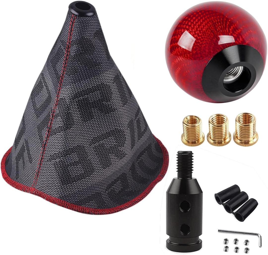 zhengsheng MUGE Racing Fabric Shift Boot with Round Ball Carbon Fiber Shift Knob,Universal Shift Boot Cover with Weighted Shift Knob (Style 4)