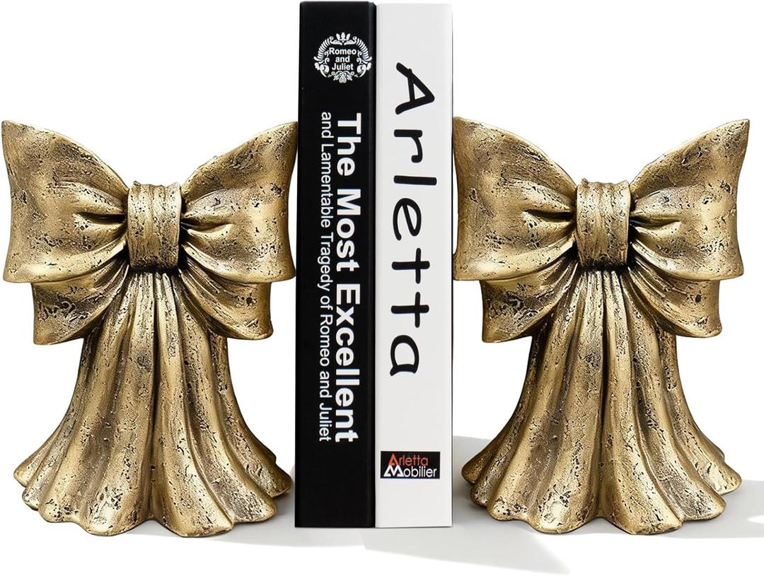 Vintage Gold Bow Book Ends Set of 2 Heavy Duty Bookends for Large & Heavy Books, Decorative Gold Bookends for Shelves, Desk & Home Office, Classic Vintage Decor Book Stoppers