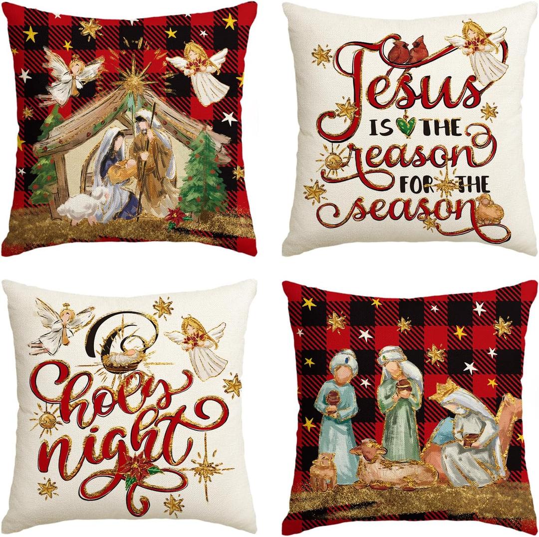 AVOIN colorlife Christmas O Holy Night Jesus Cardinal Buffalo Plaid Throw Pillow Covers, 20 x 20 Inch Christmas Saying Winter Holiday Cushion Case Decoration for Sofa Couch Set of 4