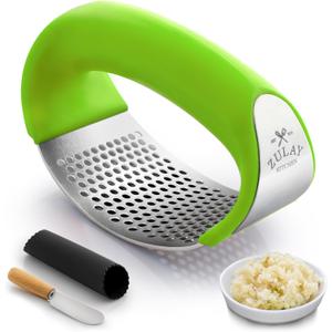Zulay Kitchen Stainless Steel Garlic Press Rocker Set - Premium Garlic Mincer Garlic Crusher - New Innovative Garlic Crusher with Peeler and Scraper - Comfortable Grip (Green)