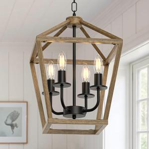Farmhouse Lantern Chandelier 4-Light, Industrial Brushed Rustic Oak Ceiling Light Fixture with Open Cage and Adjustable Hanging Height,Kitchen Island, Dining Room, Entryway, Foyer