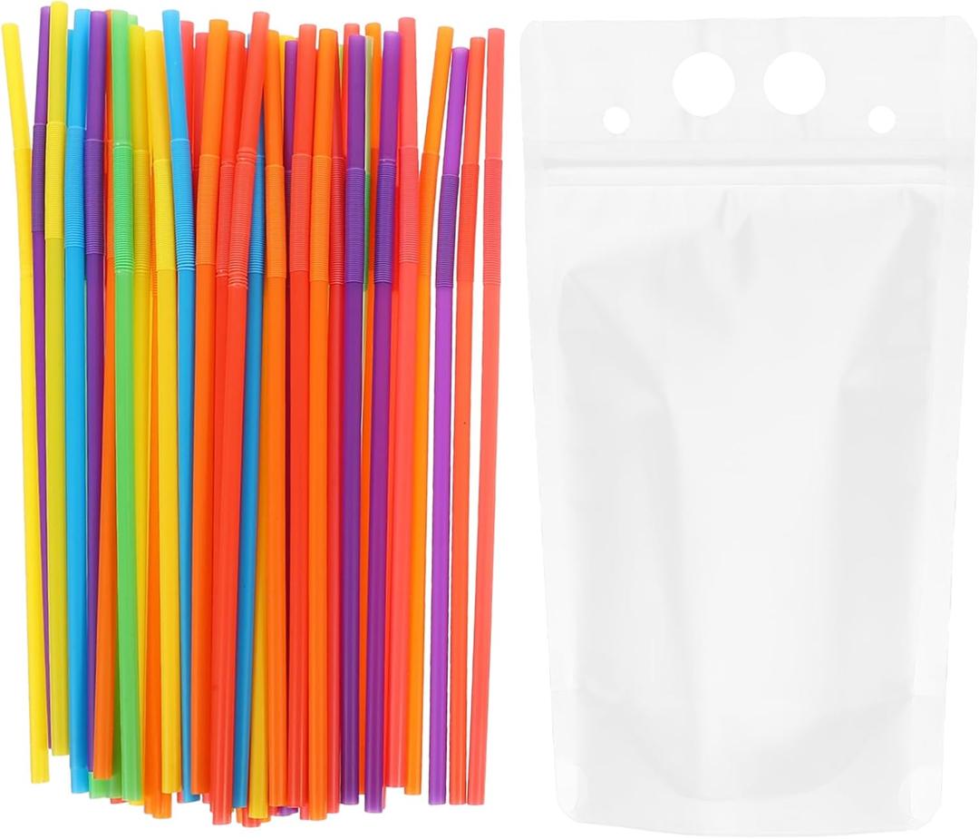 50sets Resealable Portable Drink Pouches Straw Holes Semi Freezable Beverage Bags for Adults and Boys and Girls for Cold and Hot Drinks for Outdoor Activities (As Shown 2)