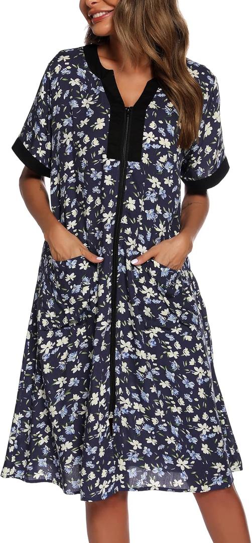 YOZLY House Dresses for Women Zipper Front Housecoat Lightweight Duster Robe with Pockets (Small, Navy Blue)