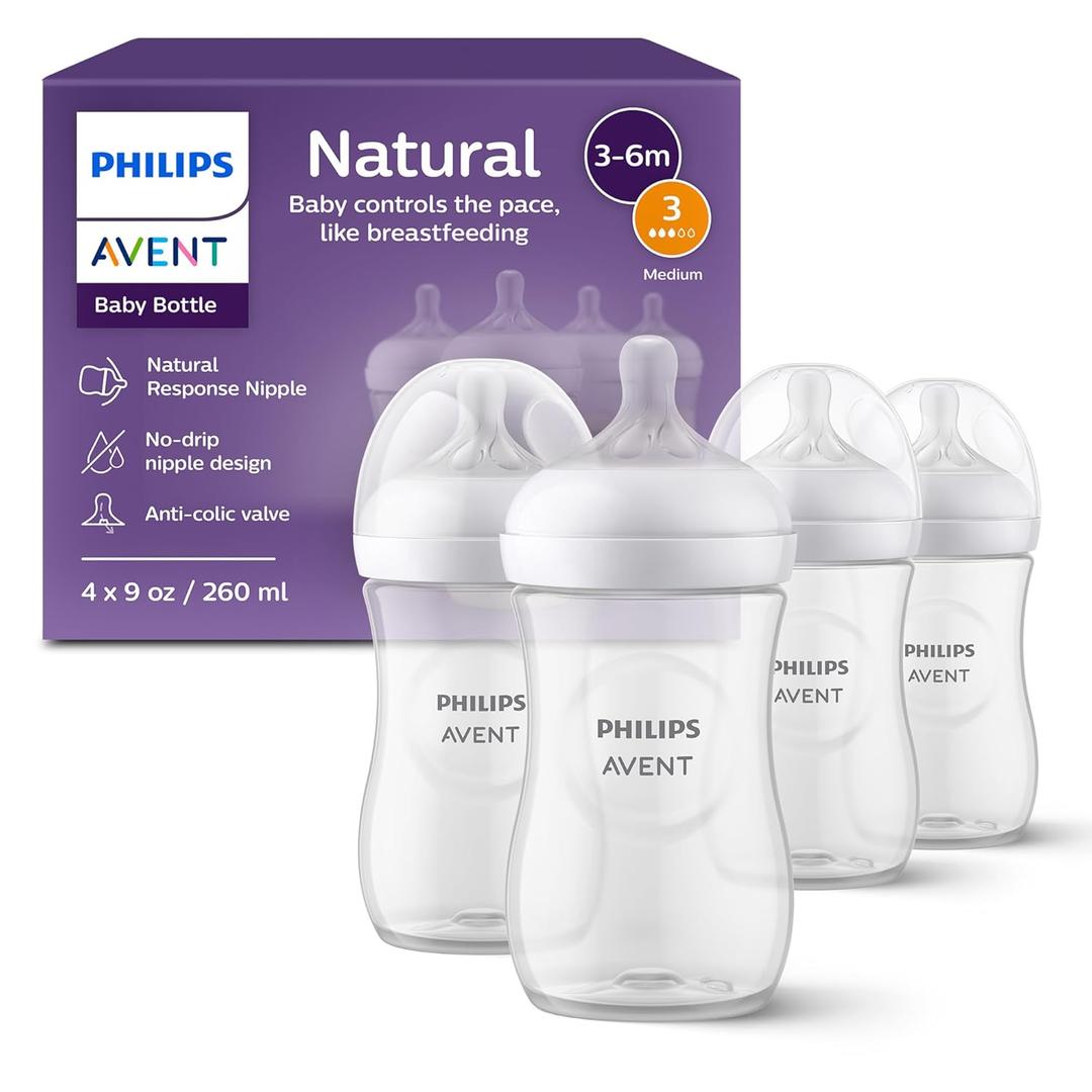 Philips Avent Natural Baby Bottles with Natural Response Nipples (Medium Flow, Flow 3), 9oz, 4-Pack, SCY903/04 (Clear)