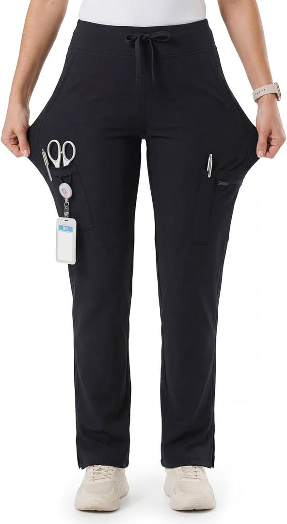Women's Yoga Scrub Pants Wide Leg Stretch High Waisted Straight Uniform 5 Pockets Anti-Wrinkle Cargo Workwear (X-Large Petite, Black)