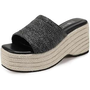IDIFU IN3 Platform Espadrille Wedge Sandals for Women Square Open Toe Slip On Wedge Shoes Dressy Low Chunky Heeled Sandal Comfortable Casual Trendy Summer Beach Walking Vacation Slide Women Sandals, Size 9